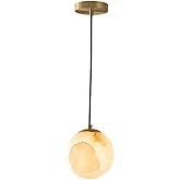 Modern Brass Alabaster Globe Pendant Light, Minimalist Spherical E14 Adjustable Cord Hanging Lamp for Bedside Dining Room Bar