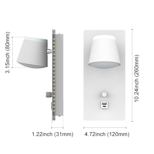 Sytmhoe 2 Pieces Wall Lamps Design White Interior with Built-in Switch USB Type C, Dimmable 3000 K 16 W Wall Lights for Bedroom, LED Wall Light for Living Room, Apartment