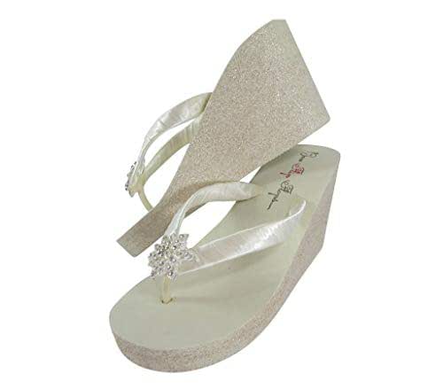 Amazon.com: 3.5 inch Glitter Wedge Flip Flops with Vintage Flower Bling, Ivory or White 