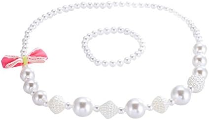 Toddler Girls White Pearl with Bowknot Necklace Bracelet Set Baby Kids Stretch Ring Jewelry Set-Red Bowknot