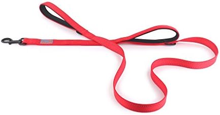 Kiko Pets Double Handle Neoprene Padded Leash for Dogs 5 Feet Long in Red, Lower handle for Control in Traffic or Training, Heavy Duty Webbing 100% Nylon, Double Handle Lead for Large or Medium Dogs