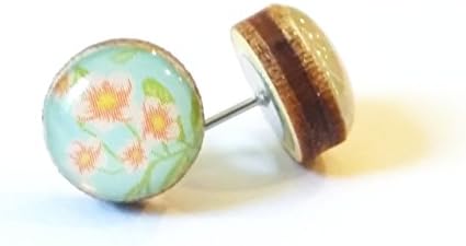 Handmade light green with peach floral print wooden stud earrings 10mm jewelry
