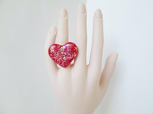 Big Red Heart Adjustable Statement Ring Made of Fused Glass with Dichroic Glass Flakes