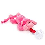 BabyHuggle Pink Monkey Pacifier - Stuffed Animal Binky, Soft Plush Toy with Detachable Silicone Baby Dummy, Paci Clip Leash & Squeaky. Teether Holder. Safe & Soothing Baby Shower Gift for Boys & Girls