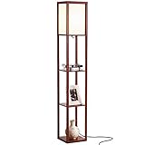 Brightech Maxwell - Modern LED Shelf Floor Lamp - Skinny End Table & Nightstand for Bedroom - Combo Narrow Side Table with Standing Accent Light Attached - Asian Tower Book Shelves - Walnut Brown