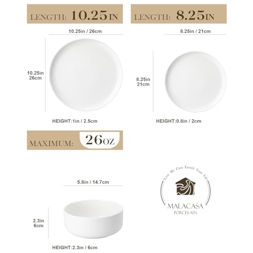MALACASA Plates and Bowls Sets, 18 Pieces Porcelain Dinnerware Sets Dishware Sets Chip Resistant Ceramic Dish Set Dining Dinner Ware Service for 6, White, Series LUNA