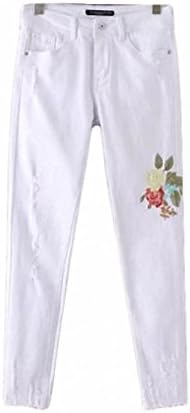women fashion floral embroidery holes white denim jeans pockets fringe pants casual trousers White S