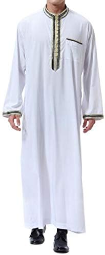 CRYYU Men Long Sleeve Stand Collar Ramadan Jalabiya Loose Muslim Islamic Dubai Arab Robe Abaya