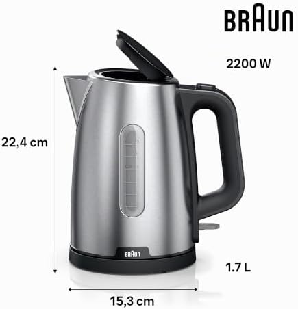 Chaleira elétrica PurShine, base rotativa a 360°, indicador de nível de água, armazenamento de cabos, função de desligamento automático, capacidade de 1,7L, WK1500BK, 2200W, preto