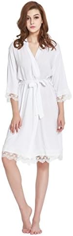 Lilywei Women’s Robe Soft Cotton Solid Color Kimono With Floral Lace Trim,3/4 Sleeves