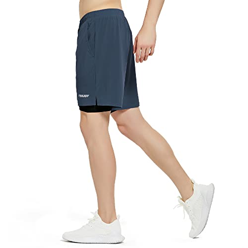 TENJOY Men's 2 in 1 Running Shorts 5" Athletic Gym Workout Shorts for
