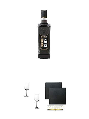 Rodnik's Absinthe Black 0,7 Liter + Nosing Gläser Kelchglas Bugatti mit Eichstrich 2cl und 4cl - 2 Stück + Schiefer Glasuntersetzer eckig ca. 9,5 cm Ø 2 Stück