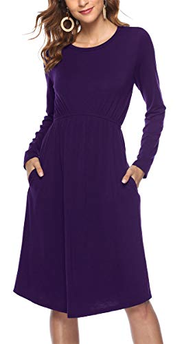 Finyosee Women Long Sleeve Pleated Polka Dot Swing Casual Midi Dress with Pockets