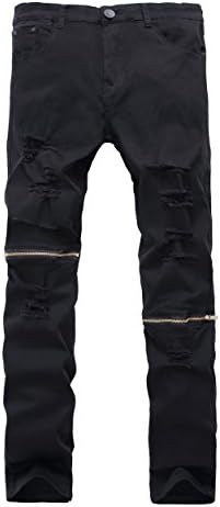 HULANG Mens Super Stretch Biker Pants With Rips And Zips Detail (US 36, Black)