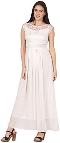 ELYWOMEN Empire Waist Maxi Dress for Women, White, Georgette, Cap Sleeve, Evening & Party Wear, Round Neck
