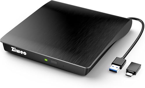 Ziweo External CD DVD Drive, Portable USB 3.0 Type-C CD Burner CD +/-RW Drive DVD Player for ROM Rewriter Burner Compatible with Laptop Desktop PC Windows MacBook Linux Mac OS