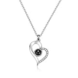 Jetloter I Love You Heart Shaped Necklace, 100 Languages Projection on Round Onyx Pendant Collarbone Necklace Silver