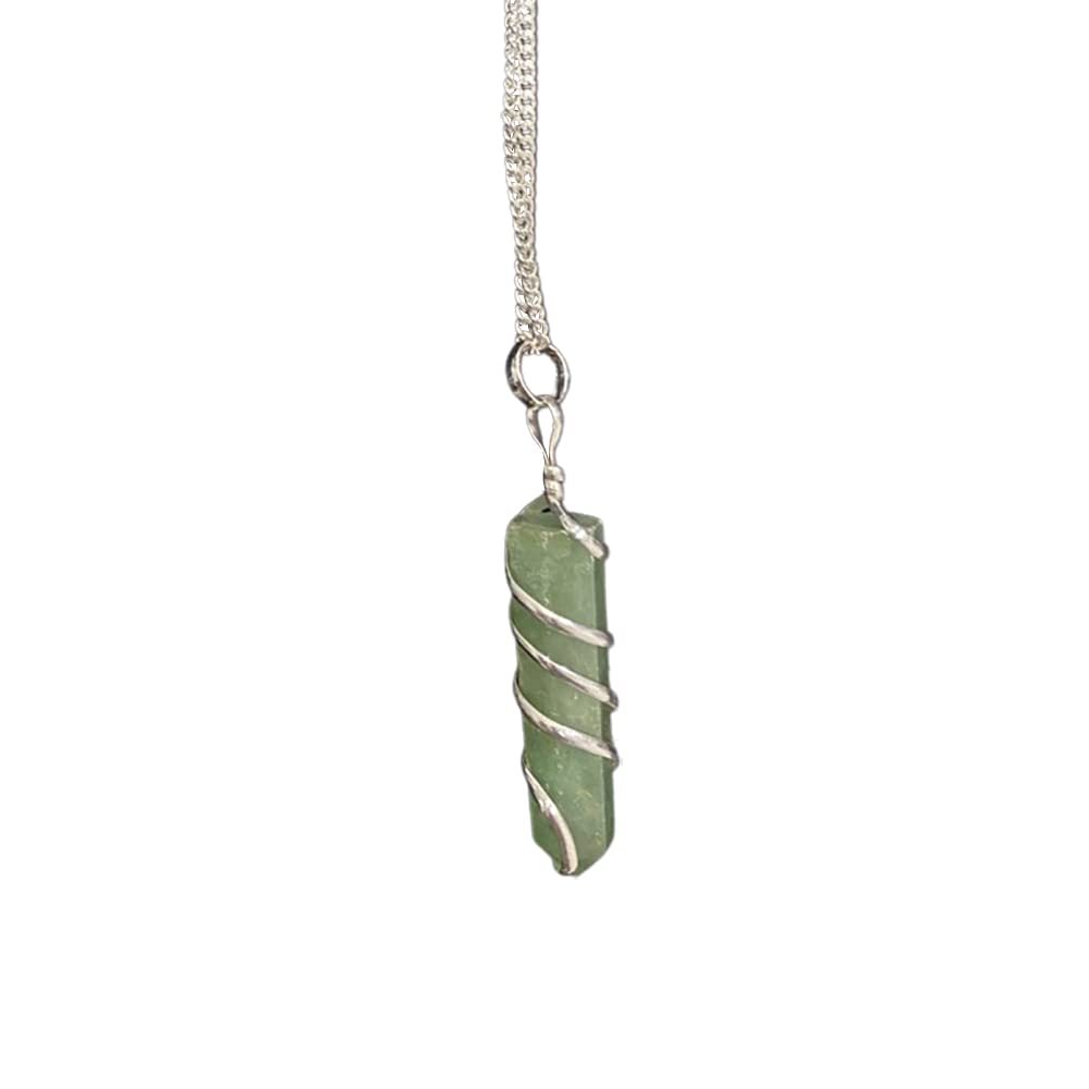 VIE Wire Wrapped Pencil Pendant, Silver Chain (Green Aventurine)