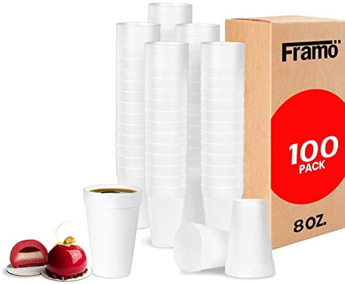 Photo 1 of Framo 8 Oz Foam Cups Lightweight Insulated Foam Cups for Coffee, Cold Drinks & Other Hot Beverages - Disposable Drinking Cups for Parties, Picnic, BBQ, Travel, & Events (100 Pack)