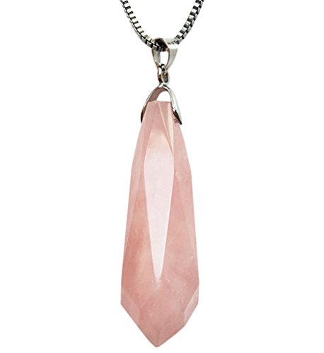 Pointed Pink Rose Quartz Crystal Pendant Necklace with 18” Metal Chain (Rose Quartz Type-III)