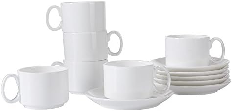 Porlien Espresso Cups and Saucers, White Porcelain, 3.2-Ounce, Set of 6