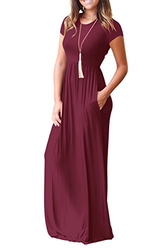 RBwinner Women's Short Sleeve Maxi Dress With Pockets Plain Loose Swing Casual Floor Length Long Dresses,Wine Red,Small