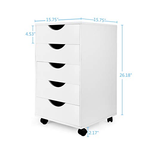 eMerit 5 Drawer Wood File Cabinet Roll Cart Drawer for Office Organization White