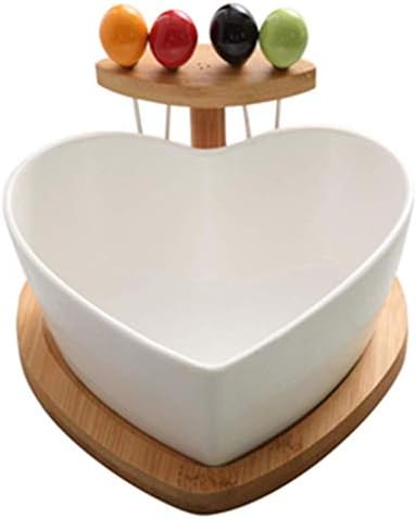 KAISIMYS Fruit Basket Heart-shaped Dried Fruit Dish Ceramic Salad Bowl with Fork Space Candy Dish Snack Snack Plate White 16 * 16 * 10.5cm