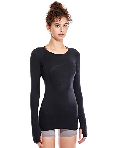 CRZ YOGA Women's Seamless Athletic Long Sleeves Sports Running Shirt Form Fitting Workout Top Black-Slim Fit M(8/10)