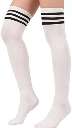 Socks for Women Girl Gliterstar Retro Thigh Knee High Tube Socks Casual Sport Cosplay Cute Stripe Long (1 Pair, White)