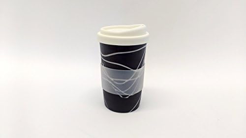 black with white swirls handmade to-go / travel cup for home, car or coffee shop use. Silicone lid and cuff, porcelain body. dishwasher proof. 12-14 oz.