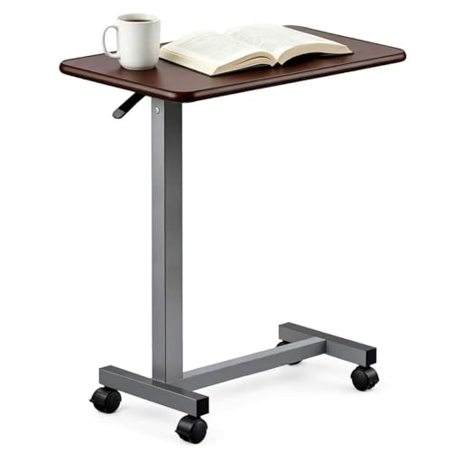 Adjustable Overbed Table with Wheels, Pneumatic Height Lift Rolling Bedside Table, Standing Desk for Home & Office Use, Ideal for Seniors & Limited Mobility(Walnut Brown)