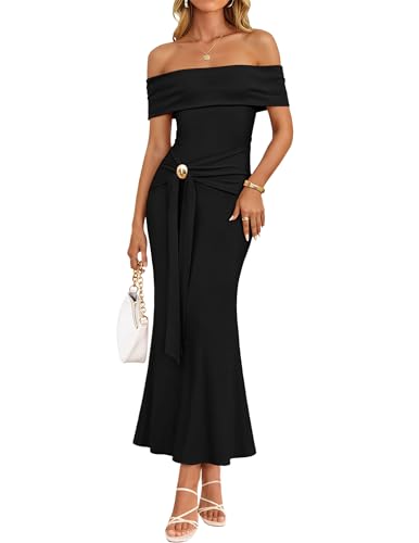ZESICA Womens Summer Off The Shoulder Bodycon Maxi Dress 2026 Elegant Wedding Guest Formal Cocktail Party Long Dresses,Black,Small by ZESICA - Used condition - US$23.26