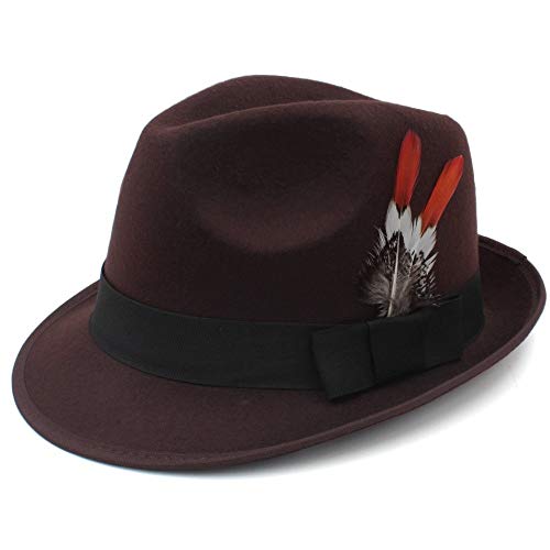 England Fedora Hat, Feather Black Gentleman Hat,Wedding Hat, Bride Groom Hat, Retro Jazz Hat For Men And Women, by jdon-hats, (Color : Dark Red, Size : 56-58cm)