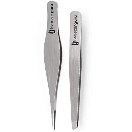 Tweezers Set - TweezerGuru Stainless Steel Slant Tip and Pointed Eyebrow Tweezer Set - Flawless Precision for Facial Hair, Ingrown Hair, Eyebrows, Splint, Blackhead and Tick Remover (Silver) - Thumbnail 2