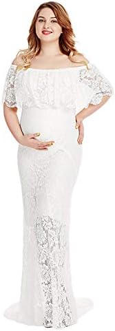 Women's Off Shoulder Short Sleeve Ruffles Lace Maternity Gown Maxi Photography Dress