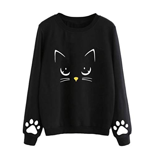 Rambling Women's Cat Print Sweatshirt Long Sleeve Loose Pullover Shirt Blouse Black