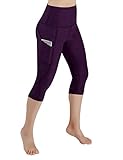 ODODOS High Waist Out Pocket Yoga Capris Pants Tummy Control Workout Running 4 Way Stretch Yoga Capris Leggings,DeepPurple,Medium