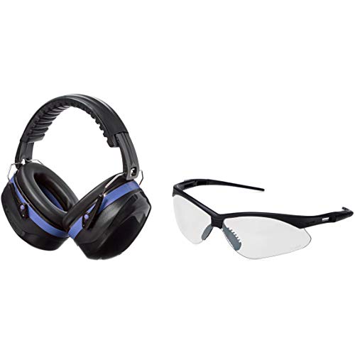 AmazonBasics Safety Ear Muffs Ear Protection, Black and Blue, and Safety Glasses, Clear Lens