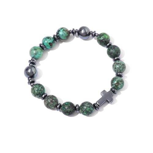 KOMI Gemstone Beaded Stretch Bracelet 8mm & 10mm Beads Rosary Bracelet with Crucifix Cross, Beads Bracelet for Women & Men Catholic Religious Jewelry