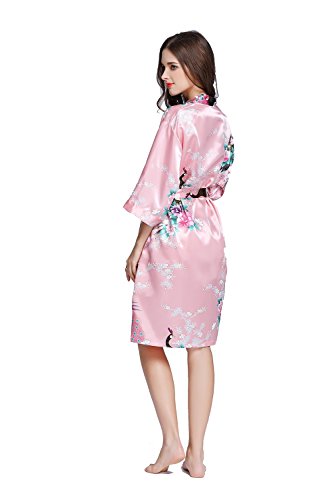 Amzchoice Women's Short Sleeve Kimono Robe Peacock & Blossoms for Spa, Wedding Bridal and Bridesmaid (S, Magenta) - Thumbnail 4