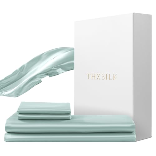Thxsilk Seidenbettwäsche Set 2 Teilig，Bettbezug 155 X 220 Cm Und 80 X 80 Cm Kissenbezug, Luxus Seide Bettwäsche Set, Super Weich Und Glatt, Hellblau