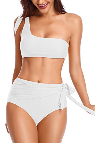Alamree Womans Tie Front High Leg 2 Piece Swimsuits One Shoulder Bathing Suit White S - Thumbnail 3