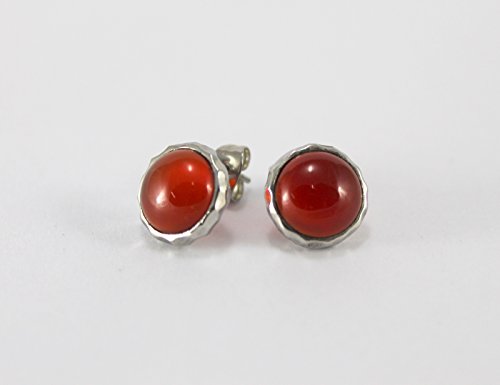 Red Agate Gemstone Round Shape Earring Studs Hammering Texture Design