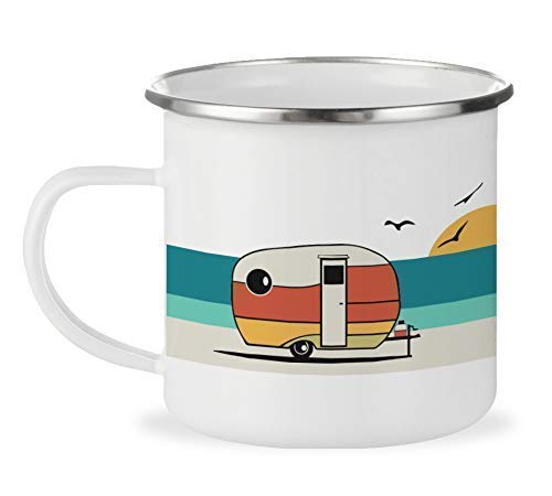 Good Vibes Retro Camper Enamel Mug, 12oz Camping Coffee Mug, Beach Surf Lover Gift, Camp Outdoor Mug