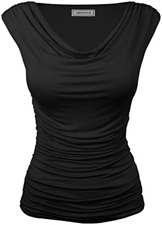 CLEMONCE Double Lining Cozy Cowl Neck Ruched Side Fitted Top S to 3XL