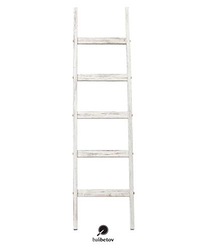 BALIBETOV Blanket Ladder-Decorative Wooden Blanket Rustic Ladder Bathroom Shelf- -Bathroom Decoration-Wooden Clothes Drying Rack-White Shelf-Ladder Bookshelf-Towel Rack Stand (Rustic White, 4)