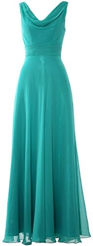 PearlBridal Women's A-Line Cowl Neck Chiffon Wedding Bridesmaid Dresses Long Formal Prom Dress Turquoise Size 10