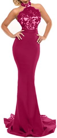 Sweet Bridal Women's Long Halter Formal Evening Gowns Appliques Mermaid Prom Party Bridesmaid Dresses Fuschia US4