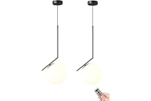Wireless Battery-Powered Pendant Light with USB Rechargeable Bulb Remote Control Mid-Century Non-Wired Lamp White Glass Shade